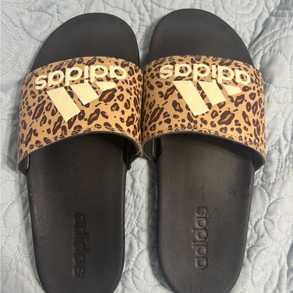 Adidas Women's Leopard Print Sandals - Black and Tan